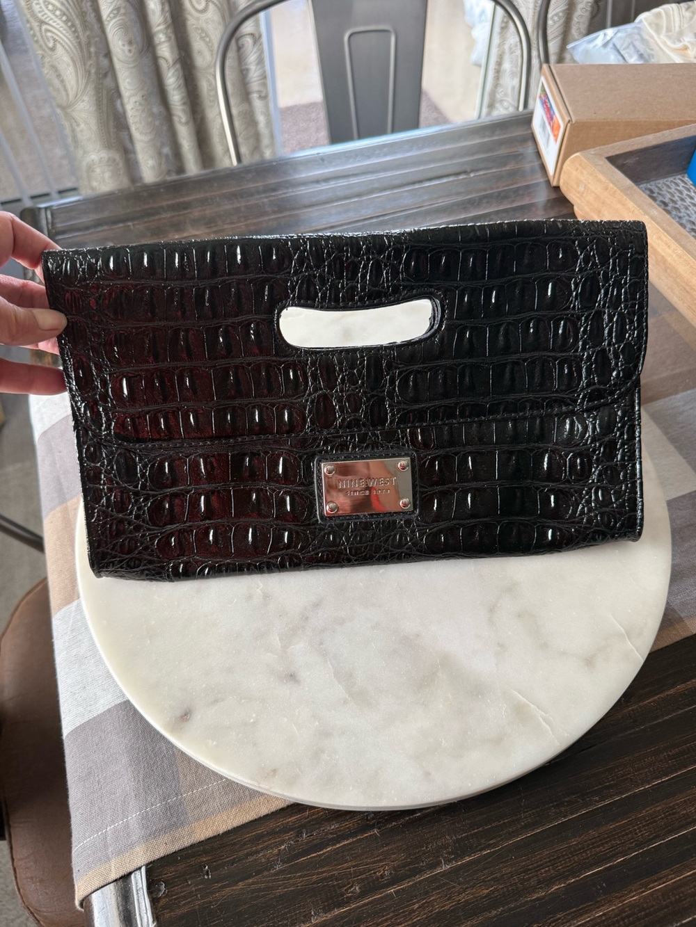 Nine West Black Croc-Embossed Clutch with Built-In Handle